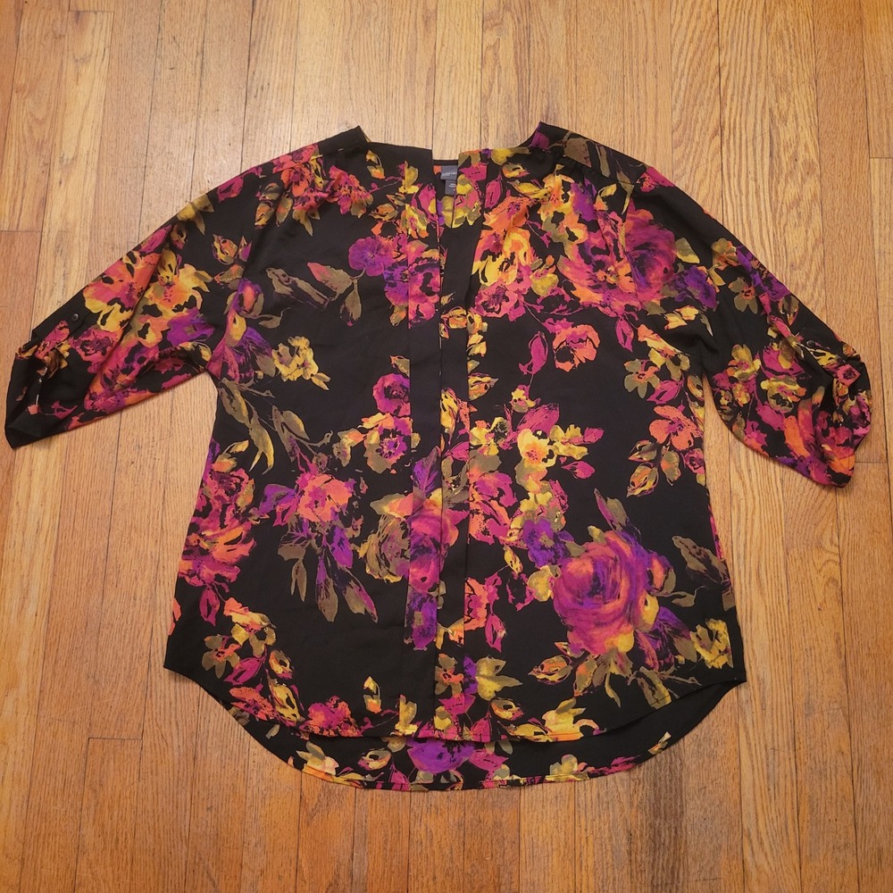 Covington 1X Blouse Black Floral Roll Tab Sleeve Split Neck Blouse Dark Romance